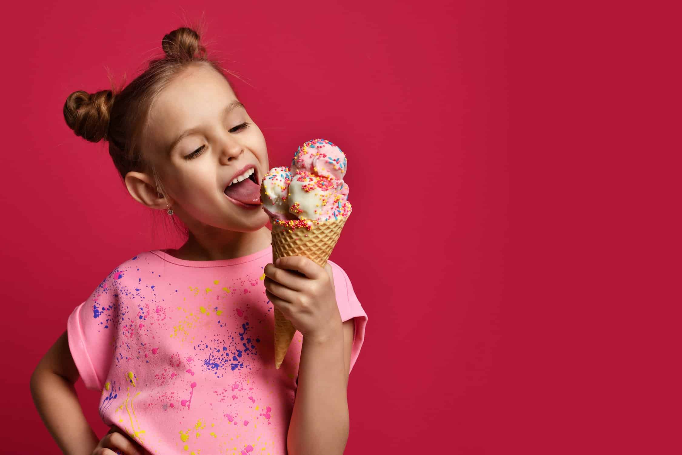 Pretty Baby Girl Kid Eating Licking Big Ice Cream In Waffles Cone With